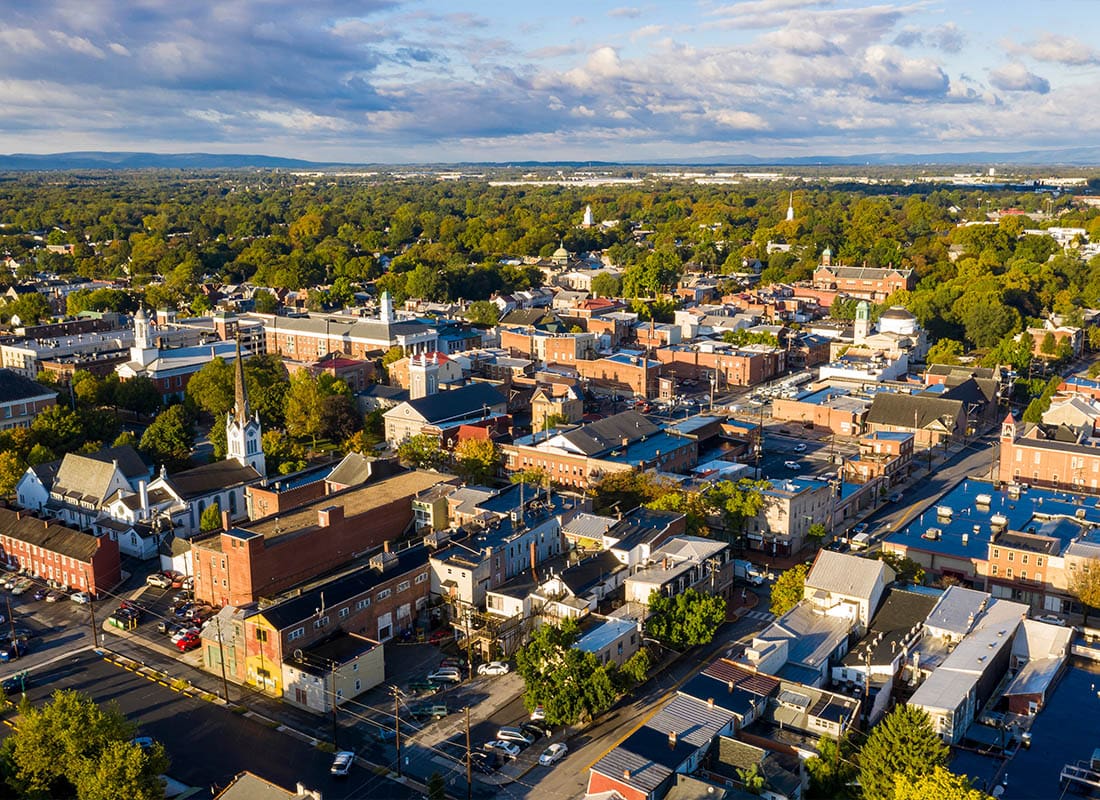 Contact - Early Morning Aerial View Over Downtown City Skyline in Carlisle Pennsylvania
